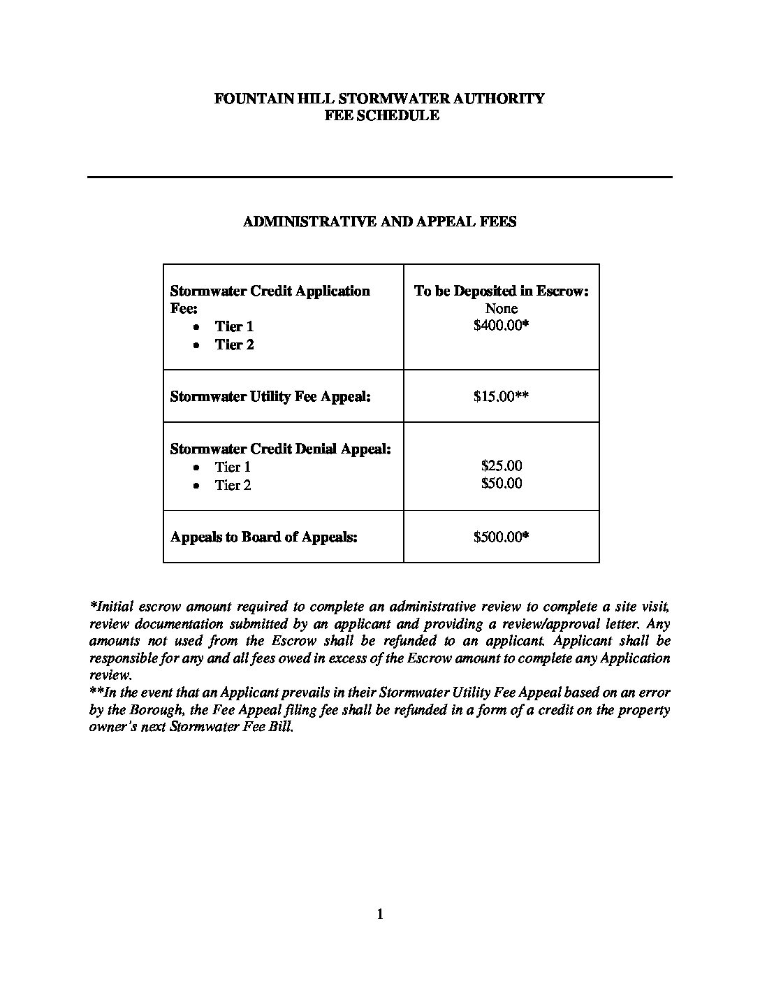 Thumbnail of the first page of 'FH Stormwater Authority Fee Schedule'